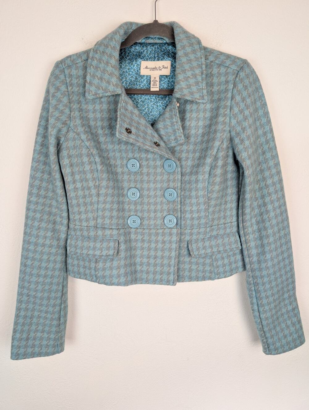 Abercrombie & Fitch Jacket Pea Coat Tweed Plaid Wool Blue Y2K Vintage Size M